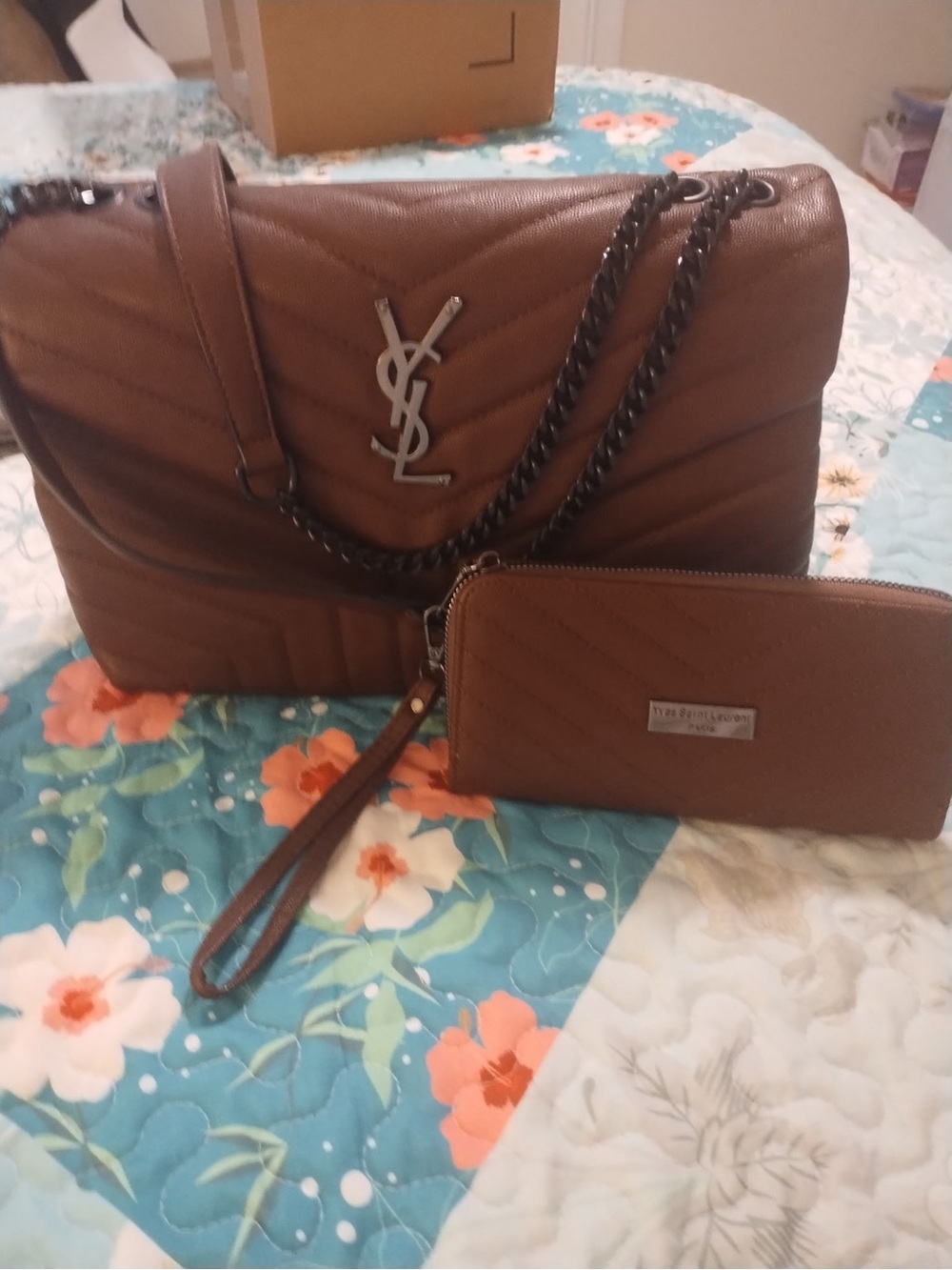 Yves Saint Laurent Brown Quilted Shoulder Bag with Wristlet